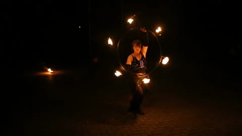 Fire show and a lot of the bright sparks in the night. Stock Footage 87251811
