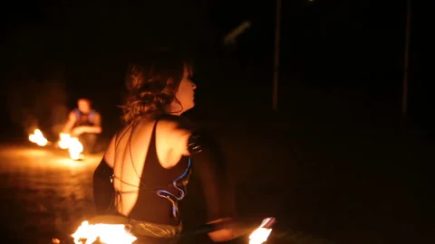 Fire show and a lot of the bright sparks in the night. Stock Footage 87259933