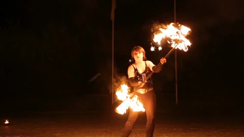 Fire show and a lot of the bright sparks in the night. Stock Footage 87261658