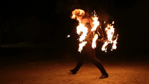 Fire show and a lot of the bright sparks in the night. Stock Footage 87262134