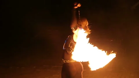 Fire show and a lot of the bright sparks in the night. Stock Footage 87262658