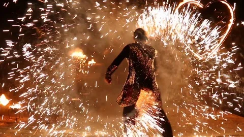 Fire show on the beach Stock Footage 101682865