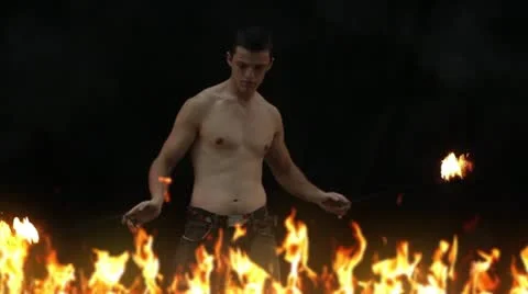 Fire show on black background Stock Footage 20474017