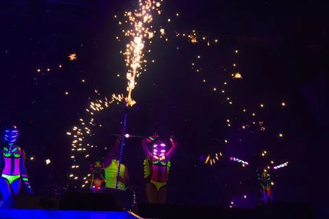 Fire show at an event in the dark Stock Photos