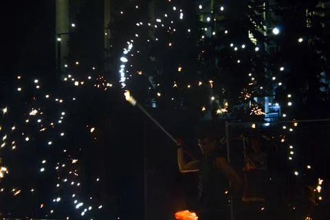 Fire show at an event in the dark Stock Photos