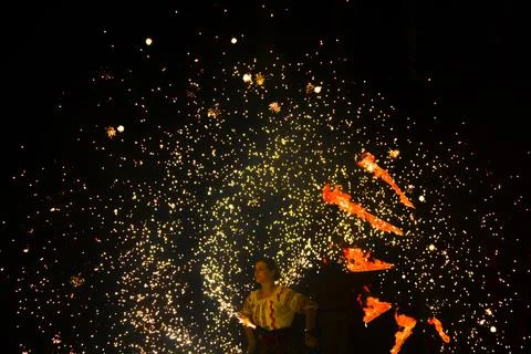 Fire show at an event in the dark Stock Photos