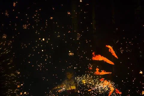 Fire show at an event in the dark Stock Photos