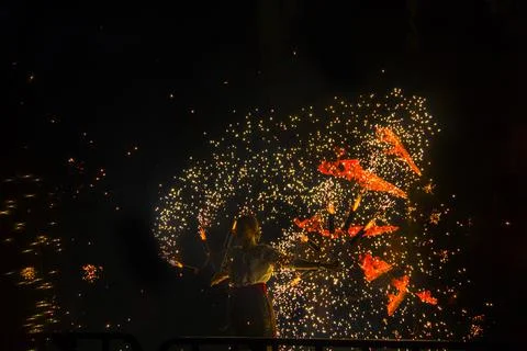 Fire show at an event in the dark Stock Photos