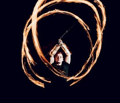 Fire show. Fire performance at the night. Stock Photos