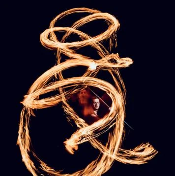 Fire show. Fire performance at the night. Stock Photos