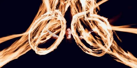 Fire show. Fire performance at the night. Stock Photos