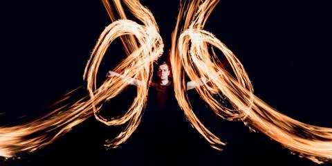 Fire show. Fire performance at the night. Stock Photos