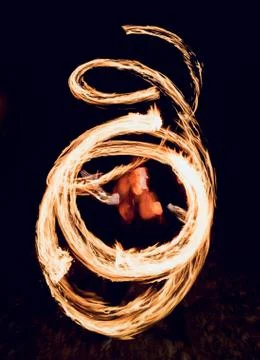 Fire show. Fire performance at the night. Stock Photos