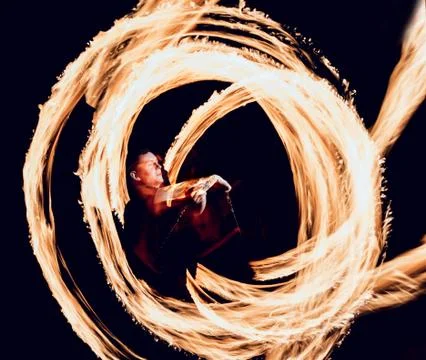Fire show. Fire performance at the night. Stock Photos