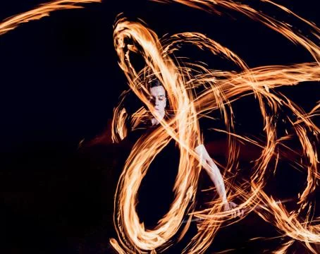 Fire show. Fire performance at the night. Stock Photos