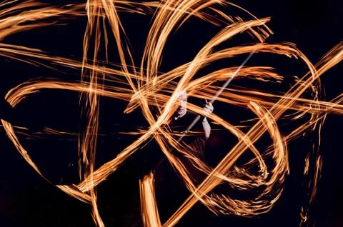 Fire show. Fire performance at the night. Stock Photos