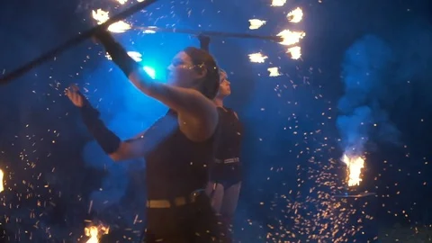 Fire Show. Girls Show Tricks With Fire. Video stock 109458564