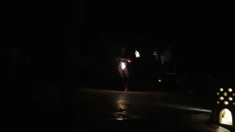 Fire show, man controls fire, guy shows fire show, slow motion Stock Footage 240134618