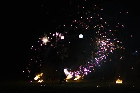 Fire show in the night Stock Photos