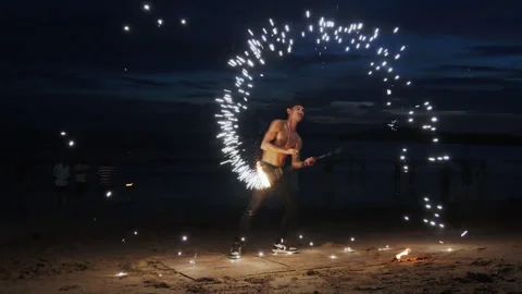 Fire Show Performance at Ao Nang Beach Krabi Thailand. Stock Footage 315178391