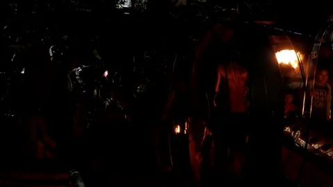 Fire show performance at night, rotating wheel Stock Footage 111875870