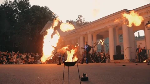 Fire show is performed by group of professional artists. Slow motion fire show. Stock Footage 160759273