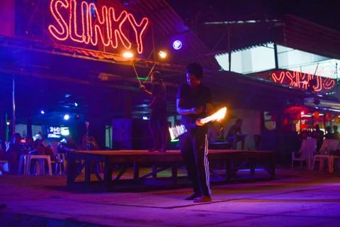 Fire show on Phi Phi island in Thailand at the bar Sunky Stock Illustration