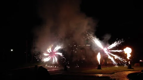 Fire show. Professional artists performs a variety of fire juggling Stock Footage 251480024