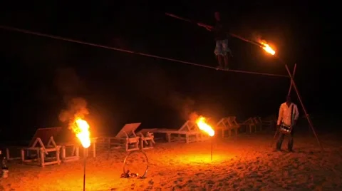 Fire show rope walker Stock Footage 56482535