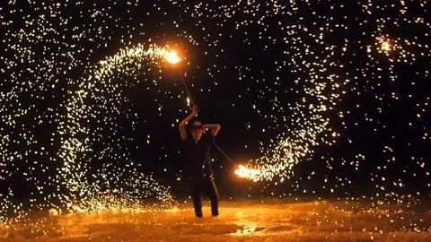 Fire Show - Slow Motion Stock-Footage 92335680