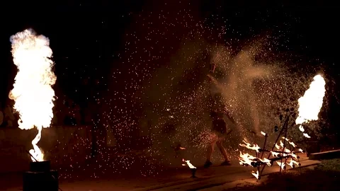 Fire show at the wedding. Pyrotechnic entertainment on holidays Stock Footage 170066072