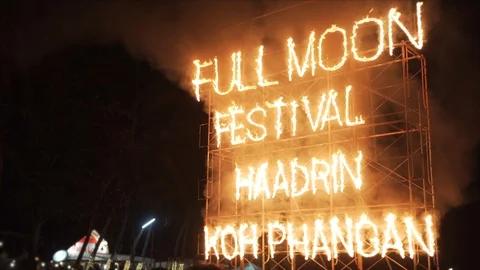 Fire Sign of Koh Phangan Full Moon Party. Thailand. 4K Stock Footage 124572424