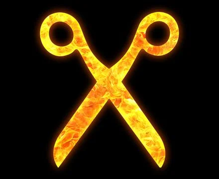 Fire silhouette of a pair of scissors isolated on a black background Stock Illustration