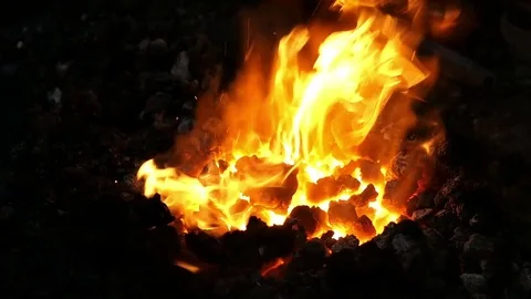 Fire in a smith. orange red flames on coal. Vídeo Stock 84141249