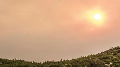 Fire Smoke Clouds from Forest Fire at Sunset. Stock Photos