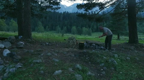 Fire with smoke evening in mountain forest Stock Footage 68361531