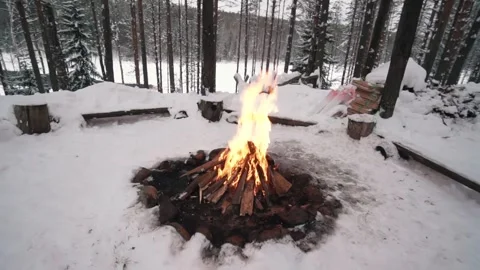 Fire on the snow, in the winter forest. Winter landscape. Concept adventure. Stock Footage 316242404