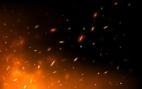 Fire sparks on dark backdrop. Glowing particles flying up. Realistic fire and Stock Illustration