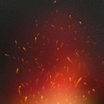 Fire sparks effect flying up with glowing particles in air over dark transparent Ilustração Stock