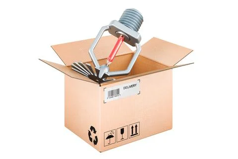 Fire Sprinkler inside cardboard box, delivery concept. 3D rendering Illustrazione stock