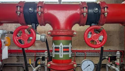 Fire Sprinkler System with Control Valves and Pressure Gauge Stock Photos
