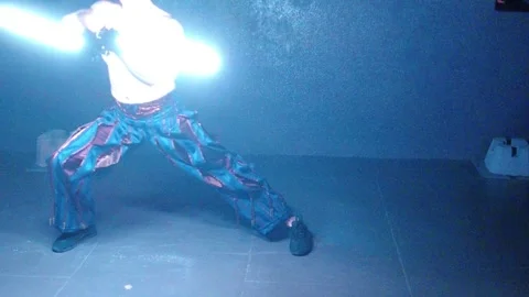 Fire Starter Pyrotechnis Acrobat Performing In Evening Show Outdoors Stock Footage 252692084