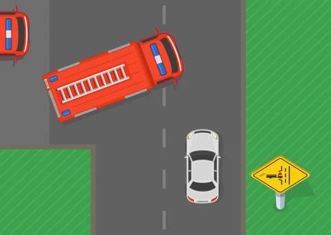 Fire station area. Top view of a fire truck entering the roadway right in front Stock Illustration