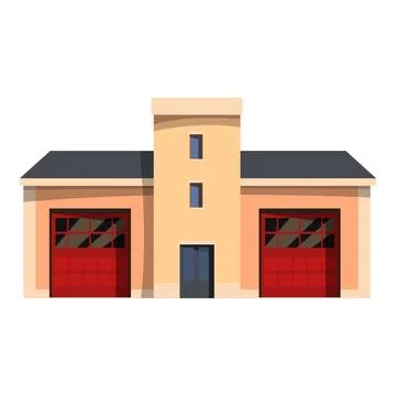 Fire station building exterior with two red garage doors and central tower, c Ilustración de archivo