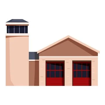 Fire station building featuring red garage doors and a watchtower, prepared f Ilustración de archivo