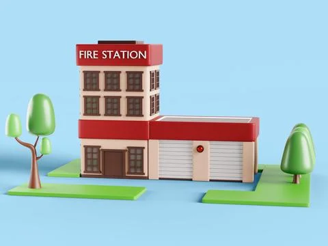 Fire station building with gates and red alarm siren. Cartoon summer landscape Ilustración de archivo