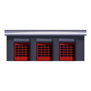 Fire station building showing three red garage doors and grey roof Stock Illustration
