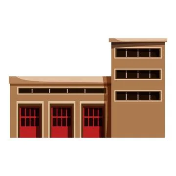 Fire station building showing three garage doors and towering structure Illustrazione stock