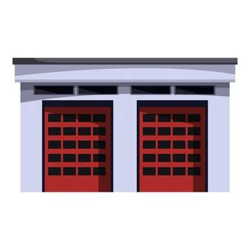 Fire station building showing two red garage doors and small windows Ilustración de archivo