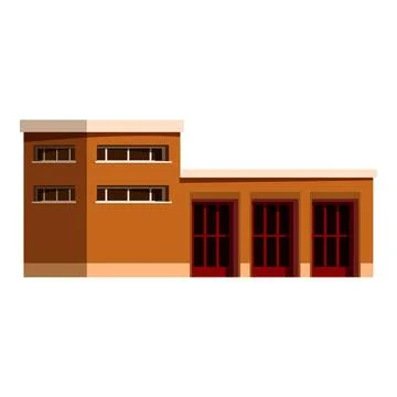 Fire station building with three garage doors and windows, side view Ilustración de archivo
